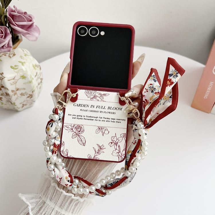 Funda para Samsung Galaxy Z Flip7 5G con diseño de flores y pulsera tipo bufanda (rosa)