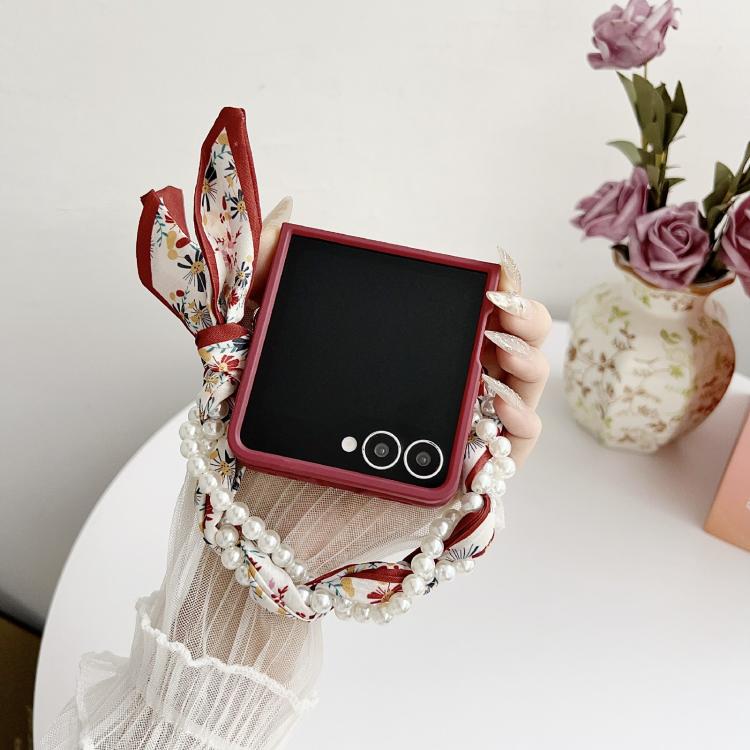 Funda para Samsung Galaxy Z Flip7 5G con diseño de flores y pulsera tipo bufanda (rosa)