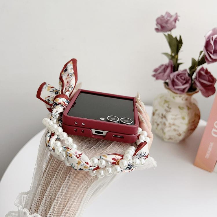 Funda para Samsung Galaxy Z Flip7 5G con diseño de flores y pulsera tipo bufanda (rosa)