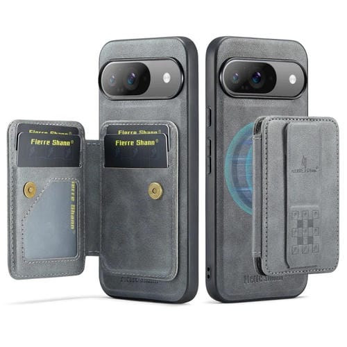 Funda para Teléfono Fierre Shann con Tarjetero Magnético y Tapa Horizontal de Piel de Vaca para Google Pixel 9/9 Pro (Gris)