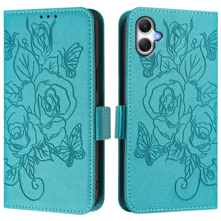 Funda de cuero antirrobo RFID con relieve rosa para Samsung Galaxy A07 4G (azul claro)