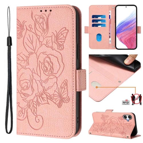 Funda de cuero antirrobo RFID con relieve rosa para Samsung Galaxy A07 4G (rosa)