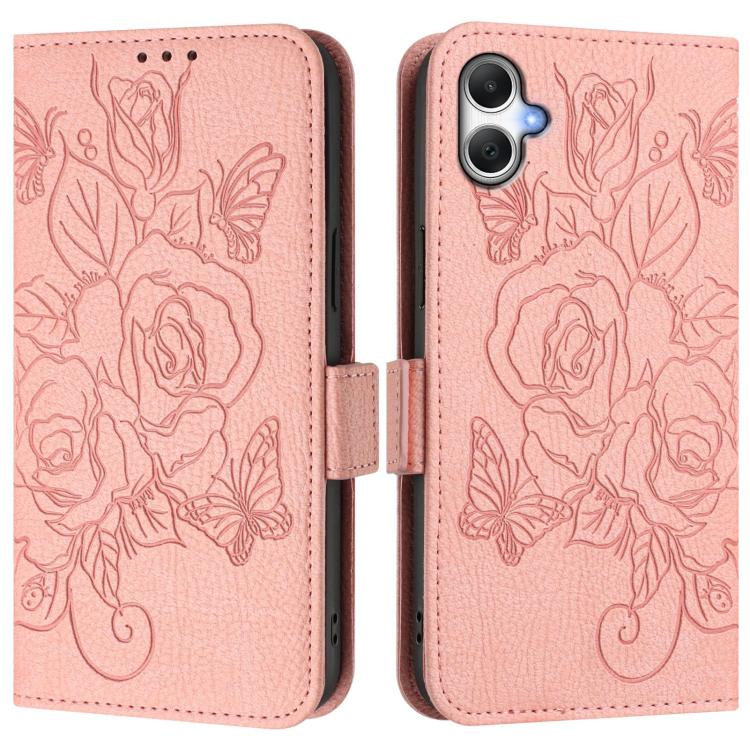 Funda de cuero antirrobo RFID con relieve rosa para Samsung Galaxy A07 4G (rosa)