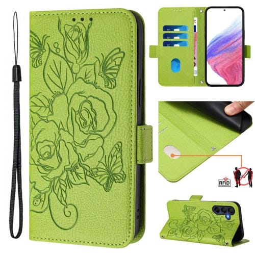 Funda de cuero antirrobo RFID con relieve rosa para Samsung Galaxy A17 4G (verde)