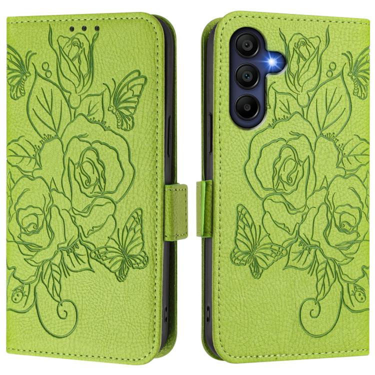 Funda de cuero antirrobo RFID con relieve rosa para Samsung Galaxy A17 4G (verde)