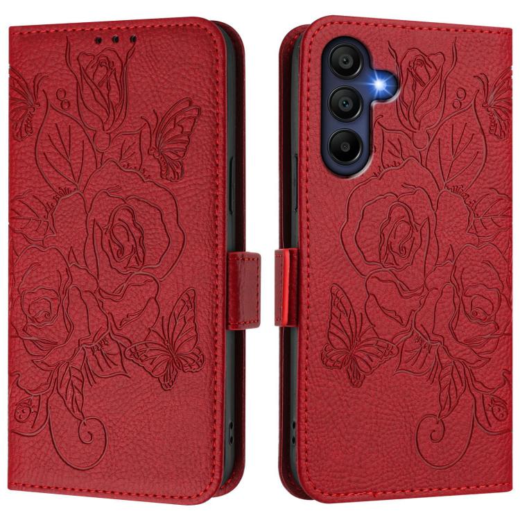 Funda de cuero antirrobo RFID con relieve rosa para Samsung Galaxy A17 4G (roja)