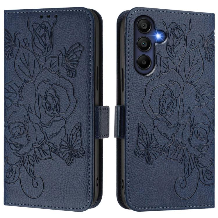 Funda de cuero antirrobo RFID con relieve rosa para Samsung Galaxy A17 4G (azul oscuro)