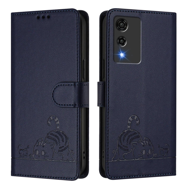Funda de Cuero Rfid para Cubot A10 con Estampado de Rata y Gato en Relieve y Cordón (Azul)