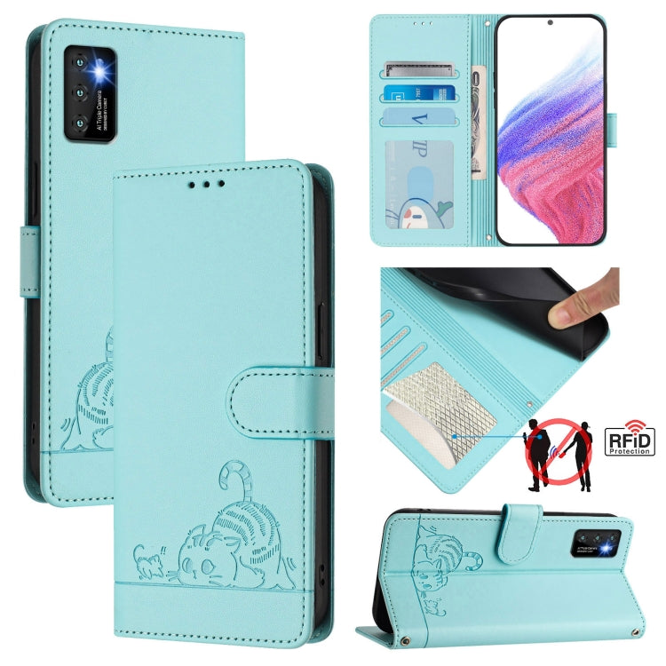 Funda de Cuero Rfid para Cubot P50 con Estampado de Rata y Gato en Relieve y Cordón (Verde Menta)