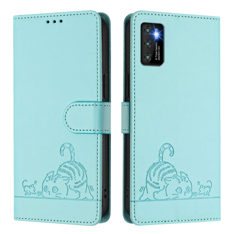 Funda de Cuero Rfid para Cubot P50 con Estampado de Rata y Gato en Relieve y Cordón (Verde Menta)
