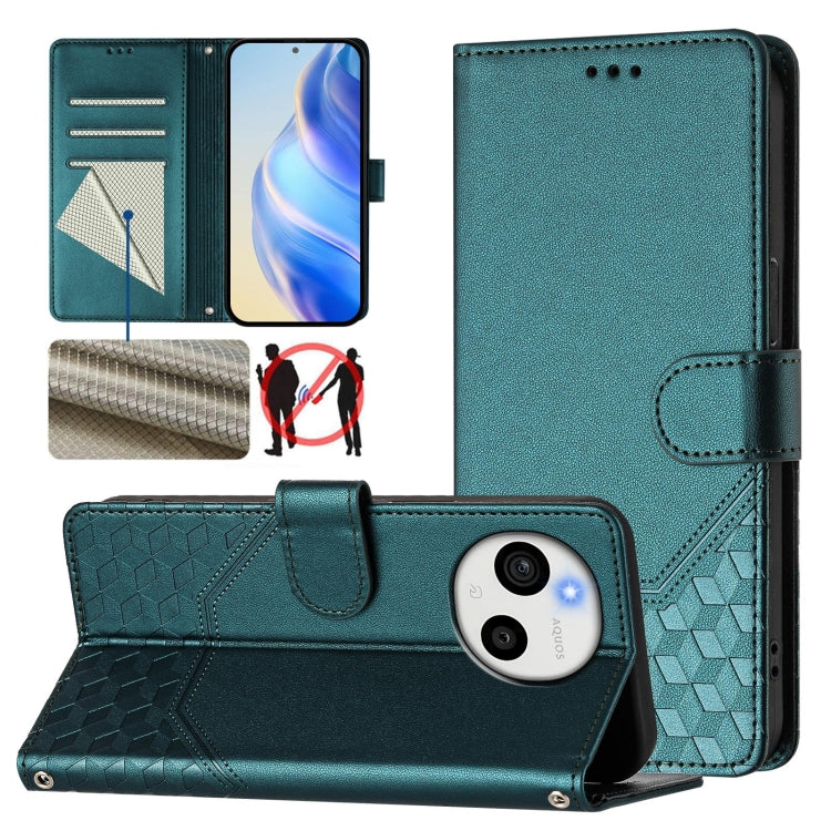 Funda de Cuero Rfid con Relieve en Panal para Sharp Aquos Sense9 (Verde Pavo Real)