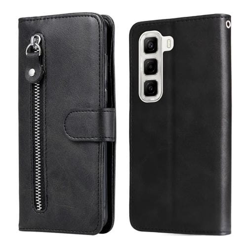 Funda de Piel con Textura de Becerro y Cremallera para Infinix Hot 50 4G (Negra)