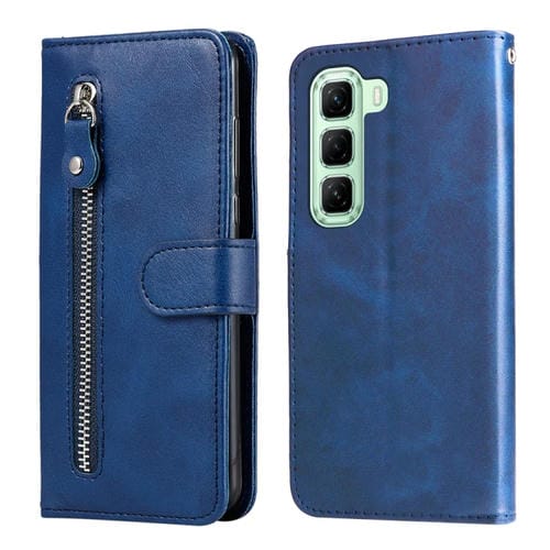 Funda de Piel con Textura de Becerro y Cremallera para Infinix Hot 50 5G (Azul)