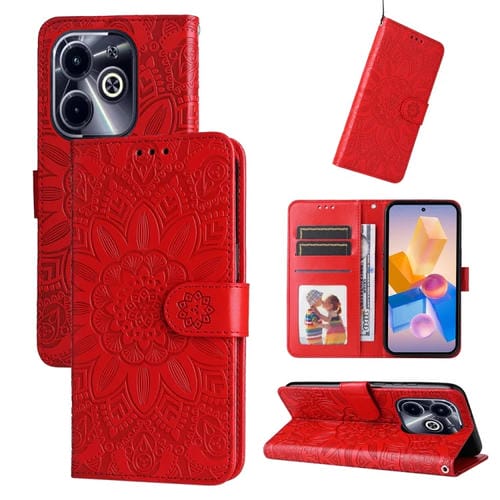 Funda de Piel para Infinix Hot 40I con Estampado de Girasoles en Relieve (Roja)