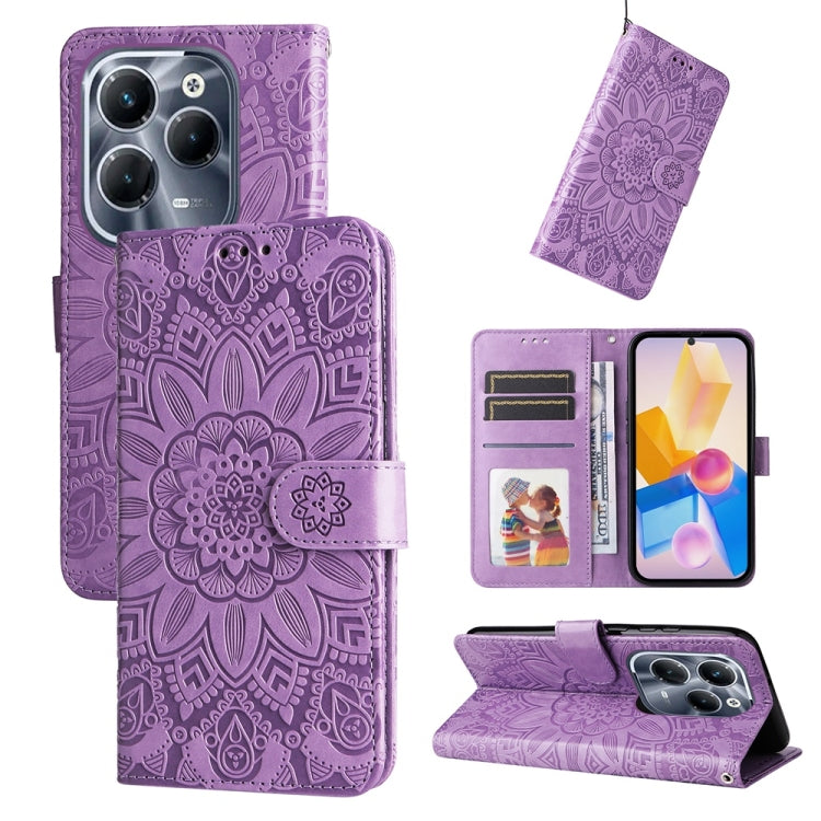 Funda de Cuero con Estampado de Girasoles en Relieve para Infinix Hot 40 y Hot 40 Pro (Morado)