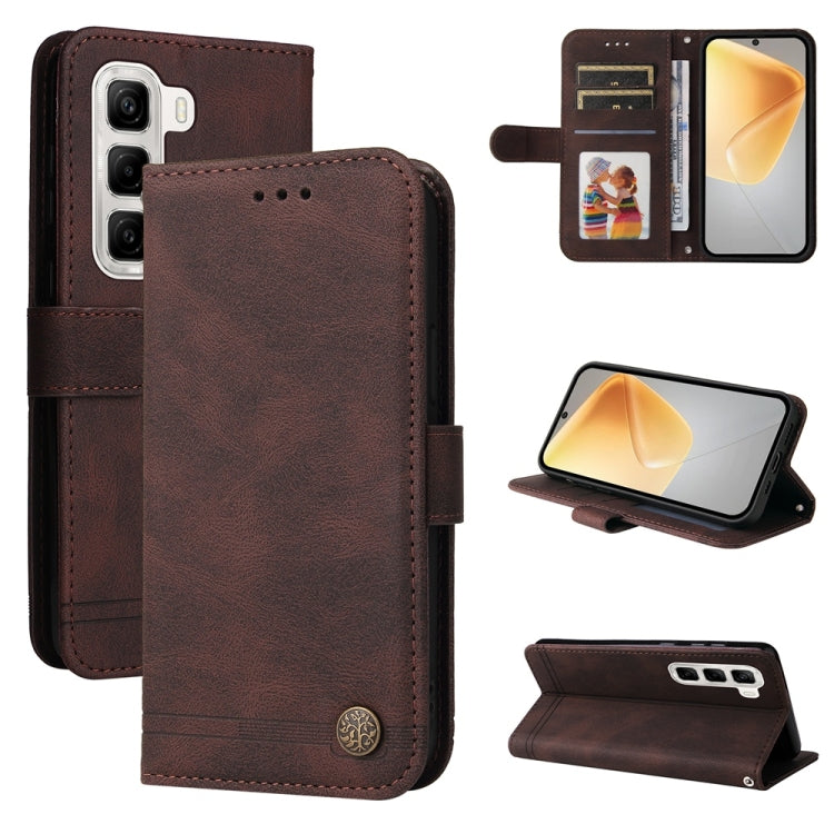 Funda de Cuero con Botones de Metal y Diseño Árbol de la Vida para Infinix Hot 50 4G (Marrón)