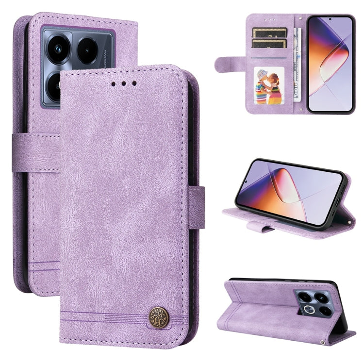 Funda de Cuero con Botones de Metal y Diseño Árbol de la Vida para Infinix Note 40 4G (Morado)