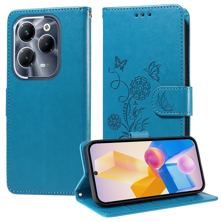 Funda de Cuero para Infinix Hot 40 y Hot 40 Pro con Diseño de Mariposas y Flores en Relieve (Azul)