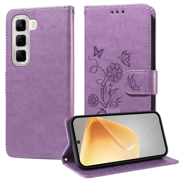 Funda de Cuero para Infinix Hot 50 4G con Diseño de Mariposas y Flores en Relieve (Morado)