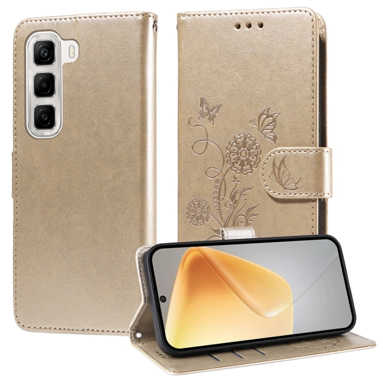 Funda de Cuero para Infinix Hot 50 4G con Diseño de Mariposas y Flores en Relieve (Dorada)