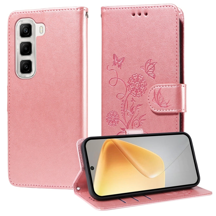 Funda de Cuero para Infinix Hot 50 4G con Diseño de Mariposas y Flores en Relieve (Oro Rosa)