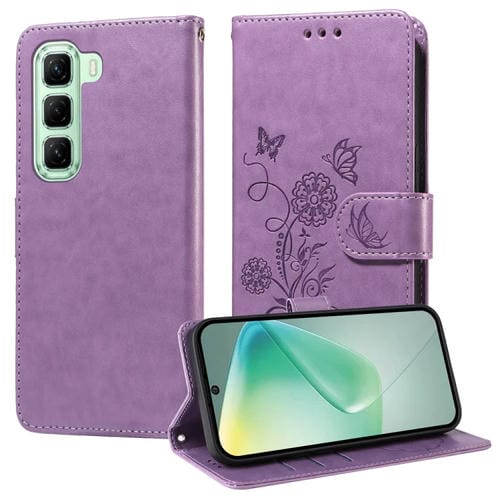 Funda de Cuero con Diseño de Mariposas y Flores en Relieve para Infinix Hot 50 5G (Morado)