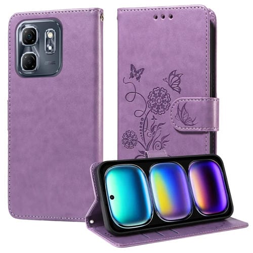 Funda de Cuero para Infinix Hot 50I/Smart 9 con Diseño de Mariposas y Flores en Relieve (Morado)