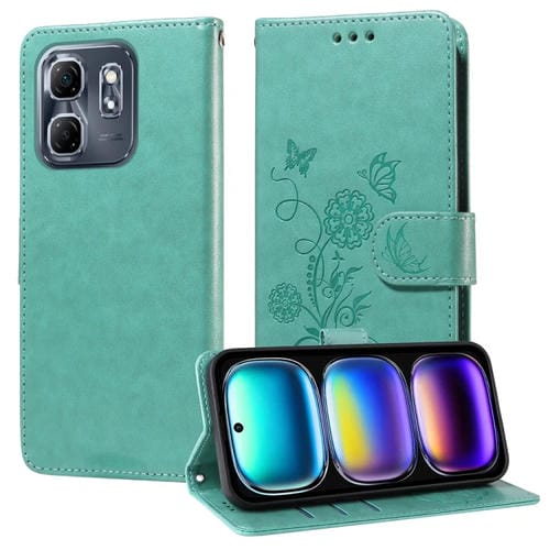 Funda de Cuero para Infinix Hot 50I Smart 9 con Diseño de Mariposas y Flores en Relieve (Verde)