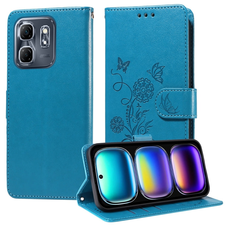 Funda de Cuero para Infinix Hot 50I Smart 9 con Diseño de Mariposas y Flores en Relieve (Azul)