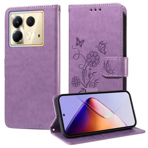 Funda de Cuero para Infinix Note 40 5G con Diseño de Mariposas y Flores en Relieve (Morado)