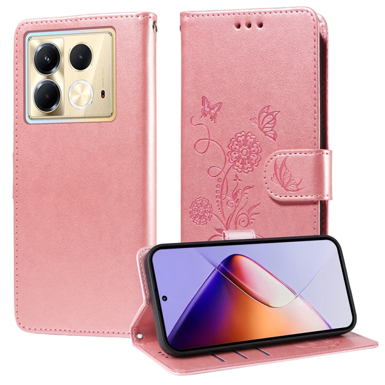 Funda de Cuero para Infinix Note 40 5G con Diseño de Mariposas y Flores en Relieve (Oro Rosa)