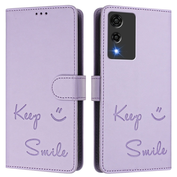 Funda de Cuero Rfid con Relieve Sonriente para Cubot A10 (Morado Claro)
