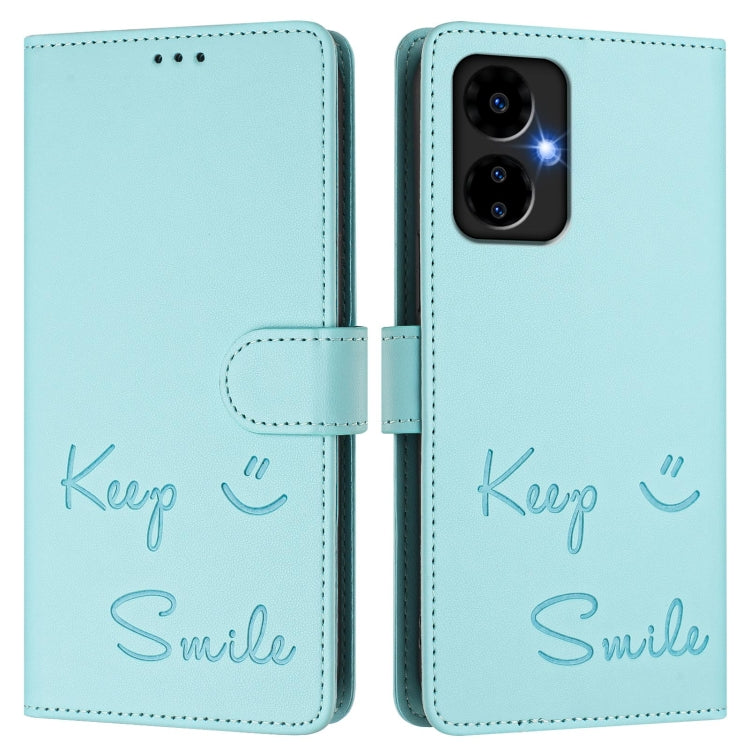 Funda de Cuero Rfid Boost Mobile Celero 5G 2024 con Relieve Sonriente (Verde Menta)