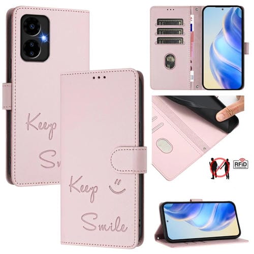 Funda de Cuero Rfid con Relieve Sonriente para Teléfono Boost Mobile Celero 5G (2024) (Rosa)