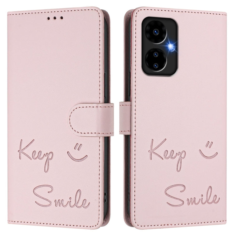 Funda de Cuero Rfid con Relieve Sonriente para Teléfono Boost Mobile Celero 5G (2024) (Rosa)