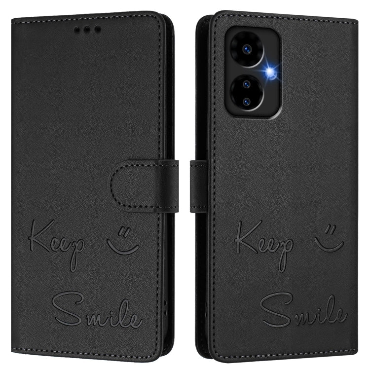 Funda de Cuero Rfid con Relieve Sonriente para Boost Mobile Celero 5G (2024) (Negra)