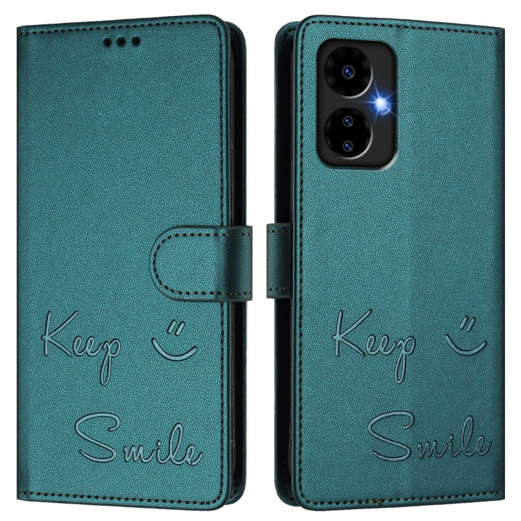 Funda de Cuero Rfid con Relieve Sonriente para Boost Mobile Celero 5G (2024) (Verde Pavo Real)