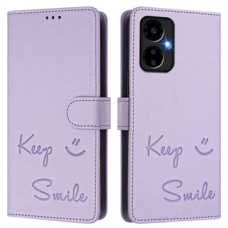 Funda de Cuero Rfid con Relieve Sonriente para Boost Mobile Celero 5G (2024) (Morado Claro)