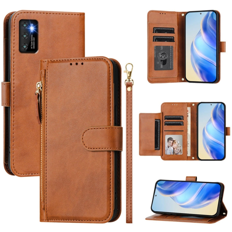Funda de Cuero con Cremallera y Ranuras para Tarjetas para Cubot P50 (Marrón)