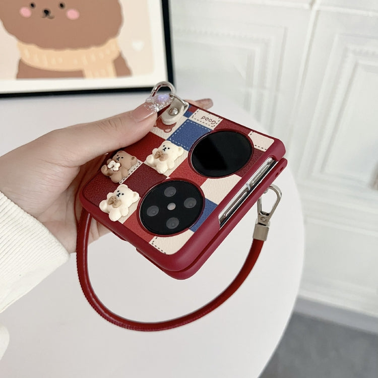 Funda para Teléfono Huawei P50 Pocket Lattice con Diseño Osito de Peluche y Correa para Muñeca (Rojo)