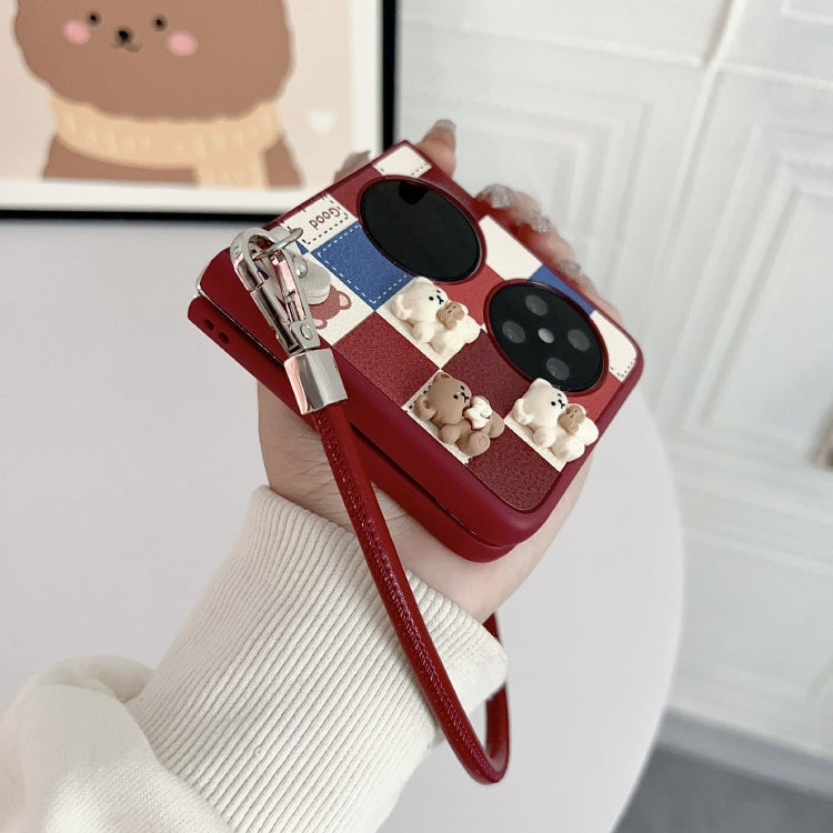 Funda para Teléfono Huawei P50 Pocket Lattice con Diseño Osito de Peluche y Correa para Muñeca (Rojo)