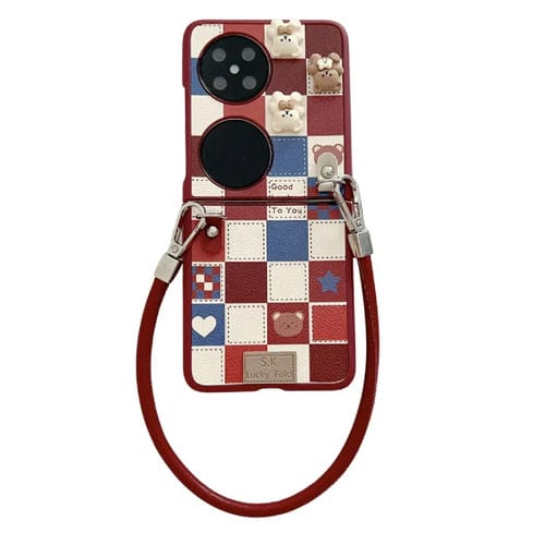 Funda para Teléfono Huawei Pocket 2 con Diseño Osito Enrejado y Correa para Muñeca (Rojo)