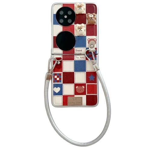 Funda para Teléfono Huawei Pocket 2 con Diseño de Osito Enrejado y Correa para Muñeca (Plateada)