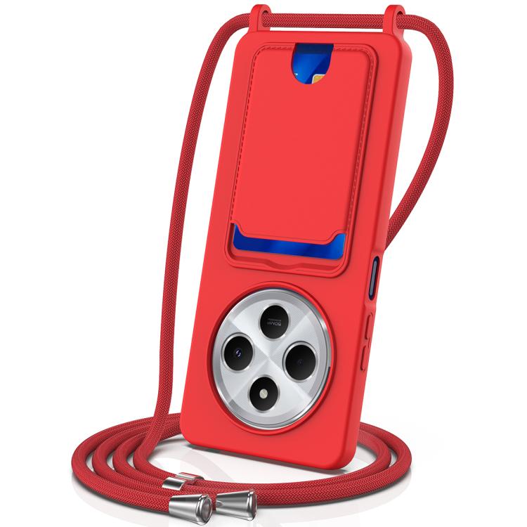 Funda de silicona líquida de color sólido con cordón para Redmi 14C 4G / 14R 5G / A4 5G (con tarjetero integrado) (rojo)