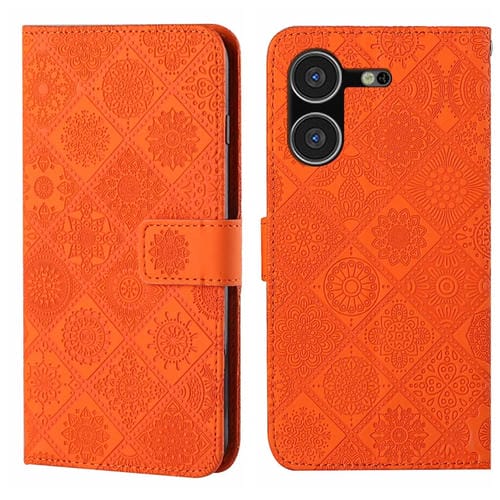 Funda de Cuero para Tecno Pova 5 con Patrón Étnico en Relieve (Naranja)