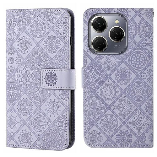 Funda de Cuero para Tecno Spark 20 Pro con Patrón Étnico en Relieve (Morado)