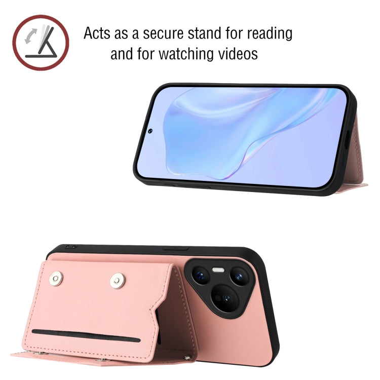 Funda para Teléfono Huawei Pura 70 Skin Feel con 4 Ranuras para Tarjetas y Correa para Muñeca (Rosa)