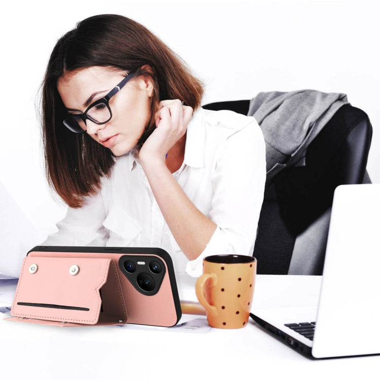 Funda para Teléfono Huawei Pura 70 Skin Feel con 4 Ranuras para Tarjetas y Correa para Muñeca (Rosa)