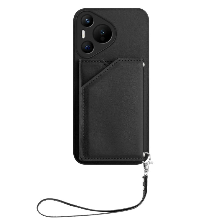 Funda para Teléfono Huawei Pura 70 Skin Feel con 4 Ranuras y Correa para Muñeca (Negra)