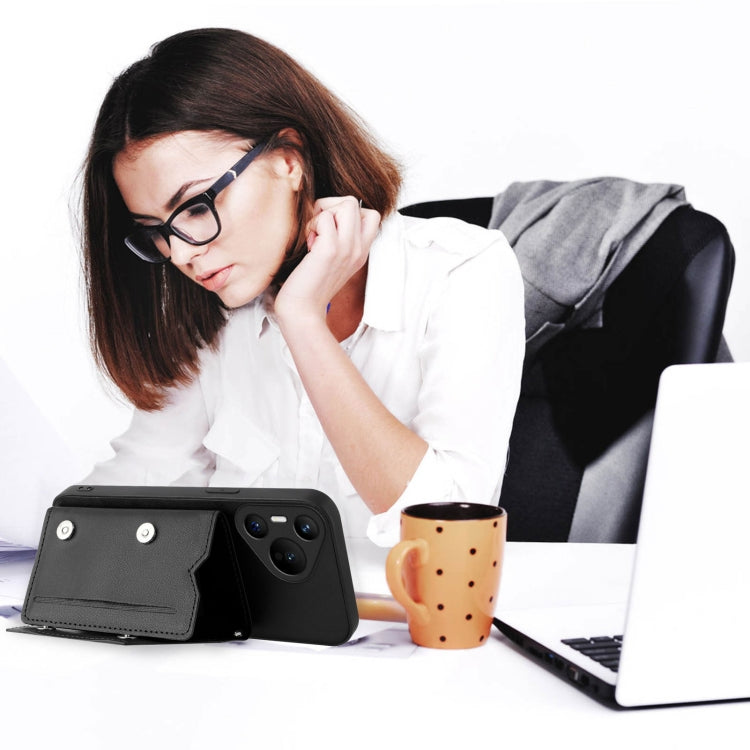 Funda para Teléfono Huawei Pura 70 Skin Feel con 4 Ranuras y Correa para Muñeca (Negra)